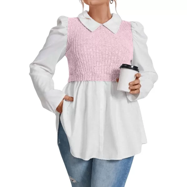 WDIRARA Women's Plus Size Plaid Long Sleeve Ruffle Hem Collared Casual Blouse Top