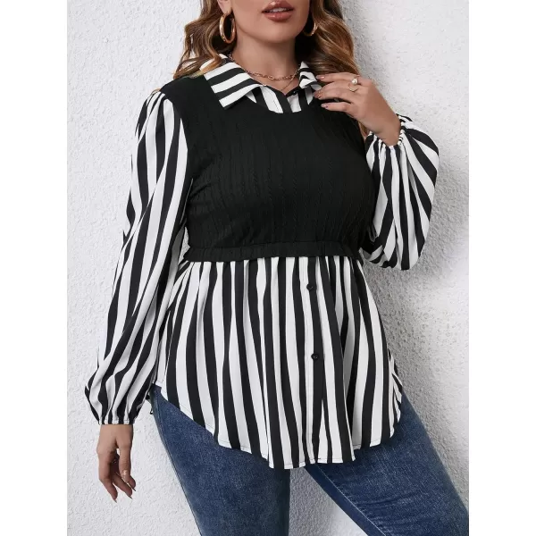 WDIRARA Women's Plus Size Plaid Long Sleeve Ruffle Hem Collared Casual Blouse Top
