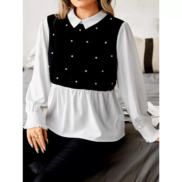 WDIRARA Women's Plus Size Plaid Long Sleeve Ruffle Hem Collared Casual Blouse Top