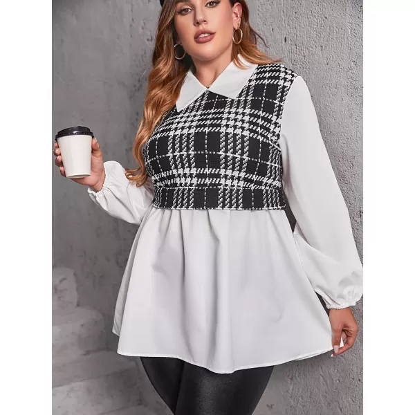 WDIRARA Women's Plus Size Plaid Long Sleeve Ruffle Hem Collared Casual Blouse Top