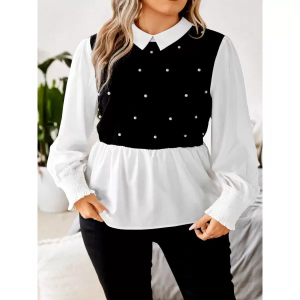 WDIRARA Women's Plus Size Plaid Long Sleeve Ruffle Hem Collared Casual Blouse Top