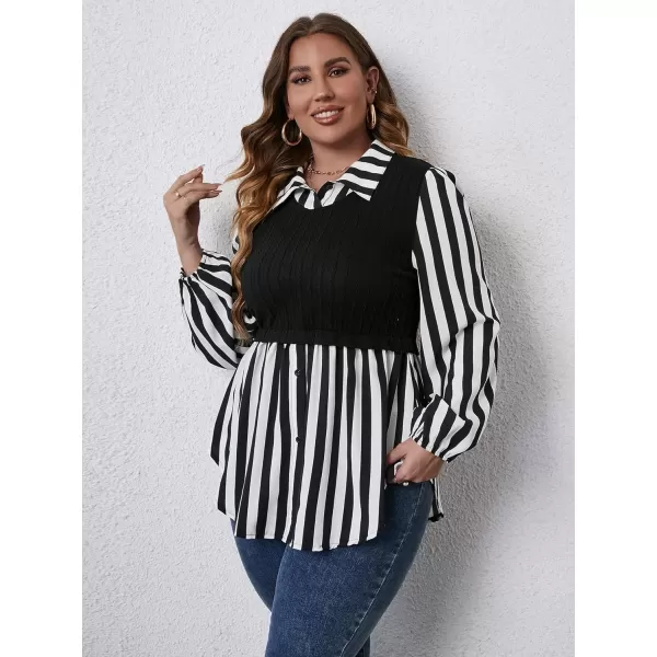 WDIRARA Women's Plus Size Plaid Long Sleeve Ruffle Hem Collared Casual Blouse Top