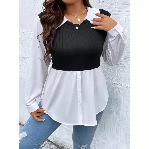WDIRARA Women's Plus Size Plaid Long Sleeve Ruffle Hem Collared Casual Blouse Top