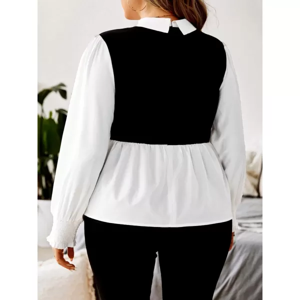 WDIRARA Women's Plus Size Plaid Long Sleeve Ruffle Hem Collared Casual Blouse Top