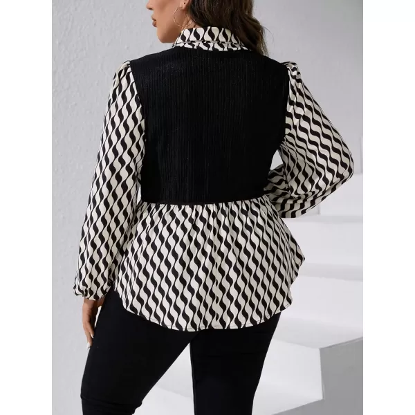 WDIRARA Women's Plus Size Plaid Long Sleeve Ruffle Hem Collared Casual Blouse Top
