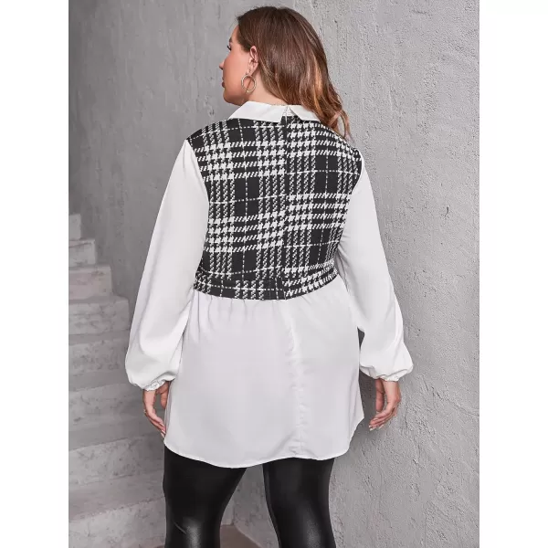 WDIRARA Women's Plus Size Plaid Long Sleeve Ruffle Hem Collared Casual Blouse Top