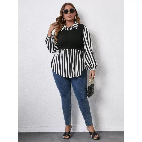 WDIRARA Women's Plus Size Plaid Long Sleeve Ruffle Hem Collared Casual Blouse Top