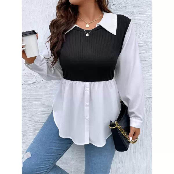 WDIRARA Women's Plus Size Plaid Long Sleeve Ruffle Hem Collared Casual Blouse Top