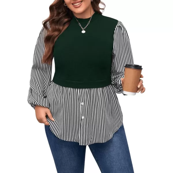 WDIRARA Women's Plus Size Plaid Long Sleeve Ruffle Hem Collared Casual Blouse Top