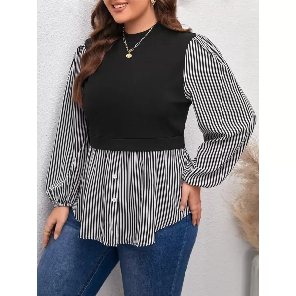 WDIRARA Women's Plus Size Plaid Long Sleeve Ruffle Hem Collared Casual Blouse Top