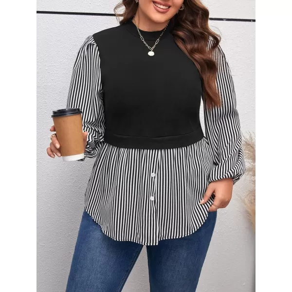 WDIRARA Women's Plus Size Plaid Long Sleeve Ruffle Hem Collared Casual Blouse Top