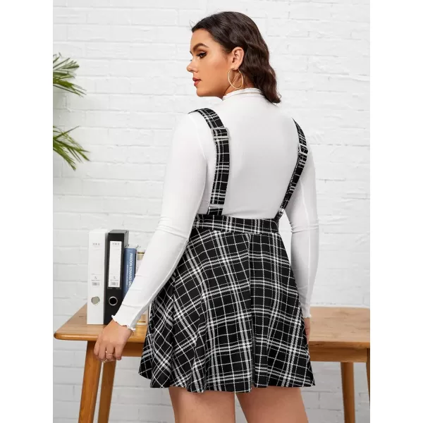WDIRARA Women's Plus Size Plaid Pinafore Skirt Overall Skater Suspender Skirt