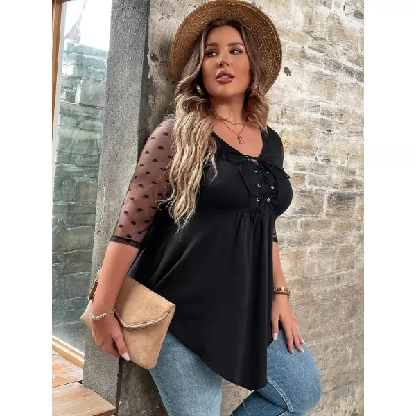 WDIRARA Women's Plus Size Polka Dots Sheer Mesh 3/4 Sleeve Lace Up Asymmetrical Top