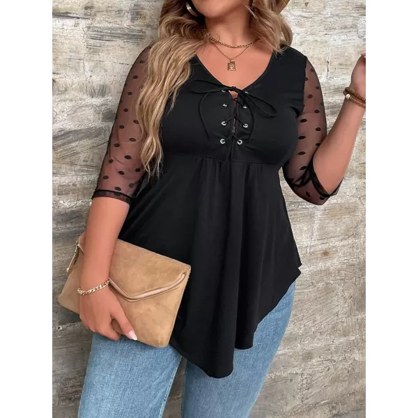 WDIRARA Women's Plus Size Polka Dots Sheer Mesh 3/4 Sleeve Lace Up Asymmetrical Top