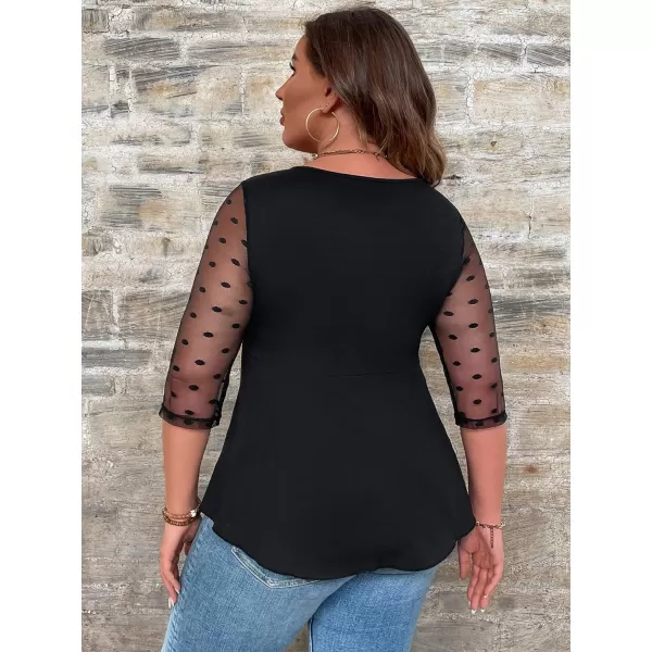 WDIRARA Women's Plus Size Polka Dots Sheer Mesh 3/4 Sleeve Lace Up Asymmetrical Top