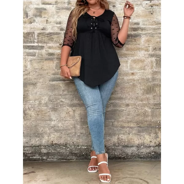 WDIRARA Women's Plus Size Polka Dots Sheer Mesh 3/4 Sleeve Lace Up Asymmetrical Top