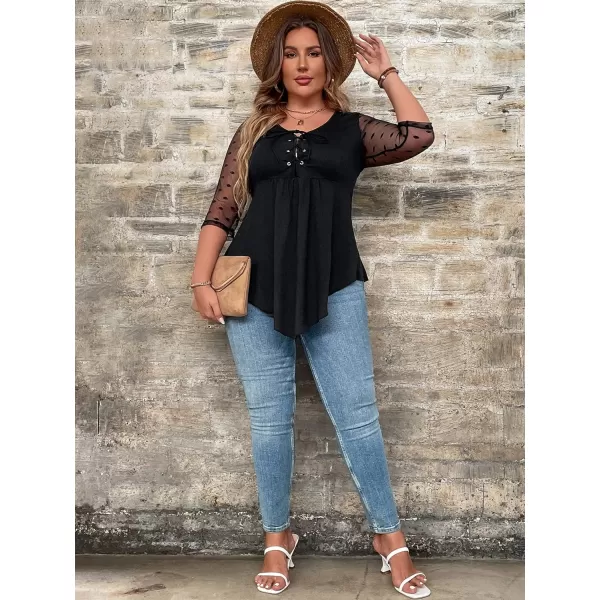 WDIRARA Women's Plus Size Polka Dots Sheer Mesh 3/4 Sleeve Lace Up Asymmetrical Top