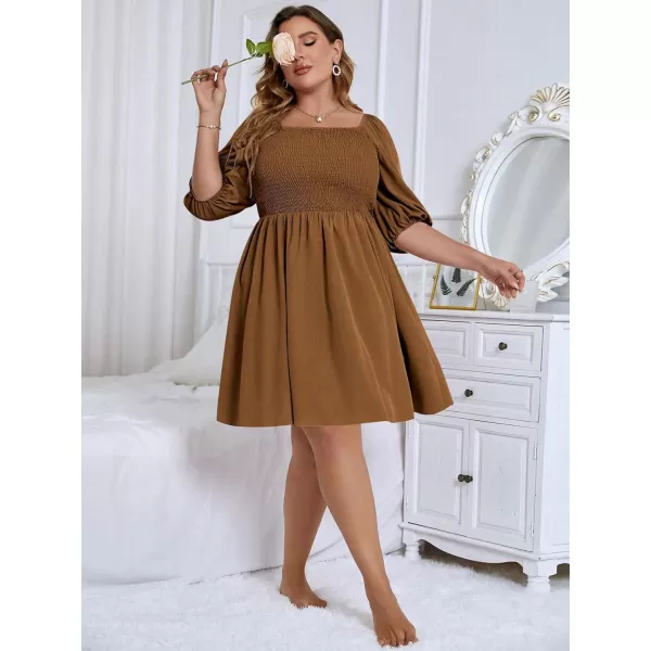 WDIRARA Women's Plus Size Puff Sleeve Square Neck Shirred High Waist Ruffle Hem A Line Short Dress
