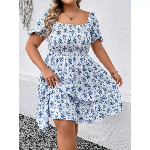 WDIRARA Women's Plus Size Puff Sleeve Square Neck Shirred High Waist Ruffle Hem A Line Short Dress