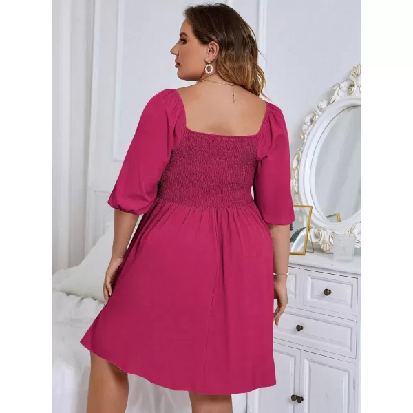 WDIRARA Women's Plus Size Puff Sleeve Square Neck Shirred High Waist Ruffle Hem A Line Short Dress