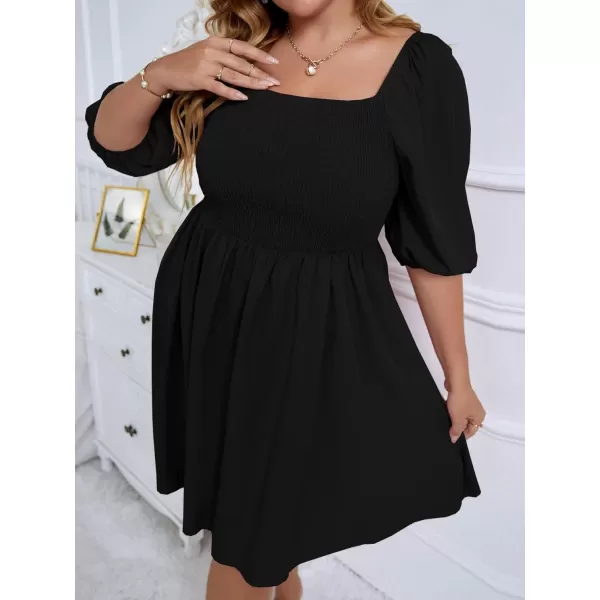 WDIRARA Women's Plus Size Puff Sleeve Square Neck Shirred High Waist Ruffle Hem A Line Short Dress