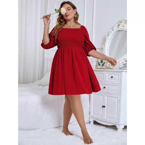 WDIRARA Women's Plus Size Puff Sleeve Square Neck Shirred High Waist Ruffle Hem A Line Short Dress