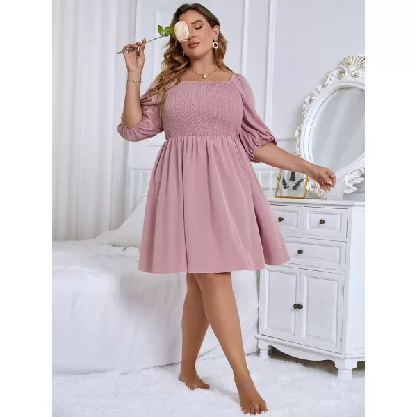 WDIRARA Women's Plus Size Puff Sleeve Square Neck Shirred High Waist Ruffle Hem A Line Short Dress