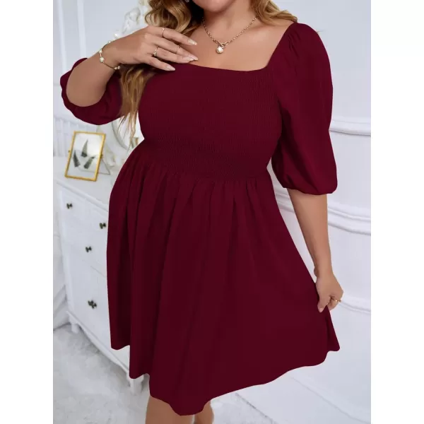WDIRARA Women's Plus Size Puff Sleeve Square Neck Shirred High Waist Ruffle Hem A Line Short Dress