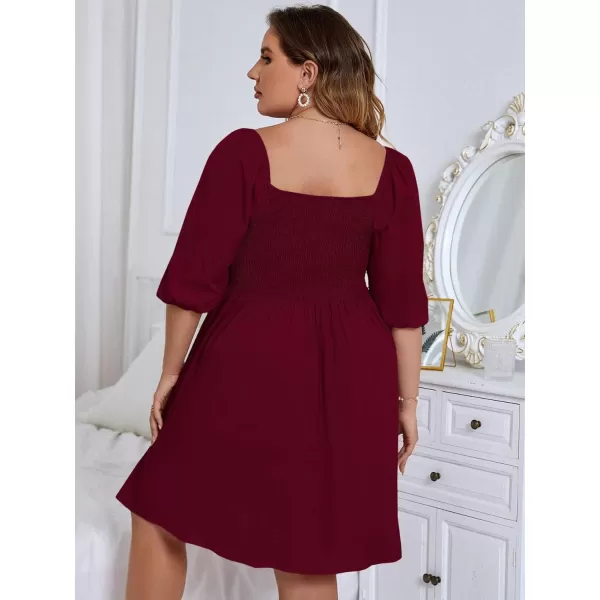 WDIRARA Women's Plus Size Puff Sleeve Square Neck Shirred High Waist Ruffle Hem A Line Short Dress