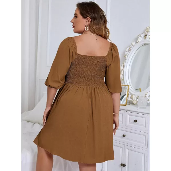 WDIRARA Women's Plus Size Puff Sleeve Square Neck Shirred High Waist Ruffle Hem A Line Short Dress