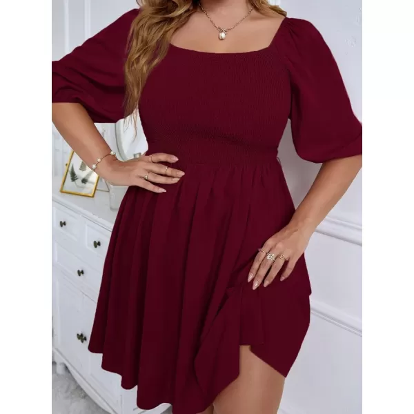 WDIRARA Women's Plus Size Puff Sleeve Square Neck Shirred High Waist Ruffle Hem A Line Short Dress