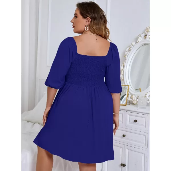 WDIRARA Women's Plus Size Puff Sleeve Square Neck Shirred High Waist Ruffle Hem A Line Short Dress