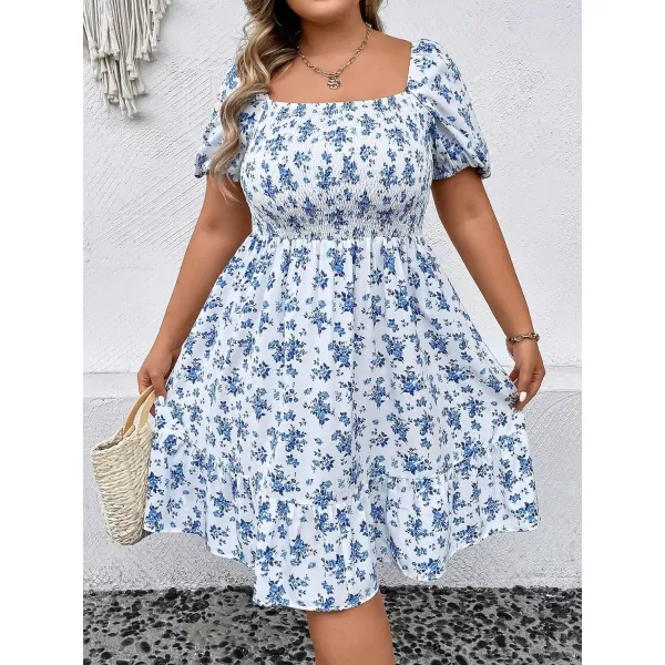 WDIRARA Women's Plus Size Puff Sleeve Square Neck Shirred High Waist Ruffle Hem A Line Short Dress