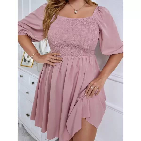 WDIRARA Women's Plus Size Puff Sleeve Square Neck Shirred High Waist Ruffle Hem A Line Short Dress