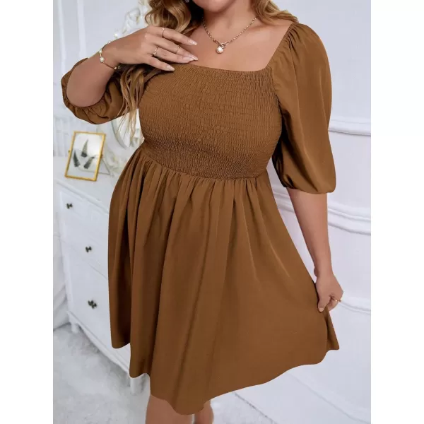 WDIRARA Women's Plus Size Puff Sleeve Square Neck Shirred High Waist Ruffle Hem A Line Short Dress