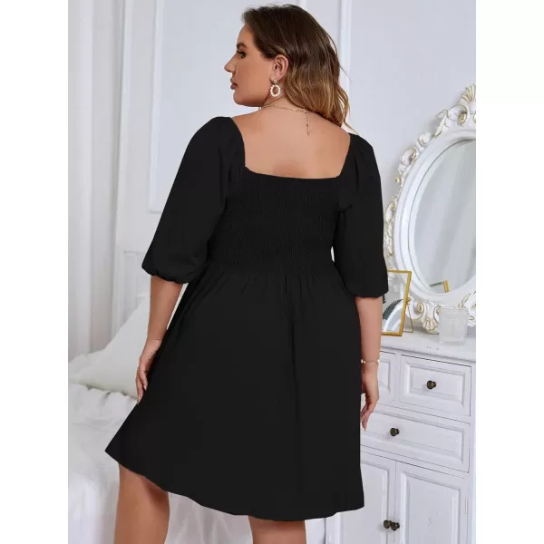 WDIRARA Women's Plus Size Puff Sleeve Square Neck Shirred High Waist Ruffle Hem A Line Short Dress