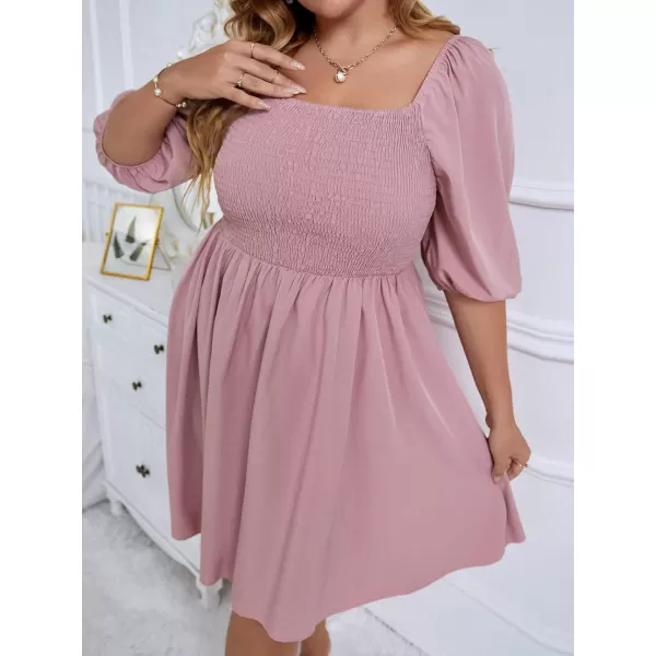 WDIRARA Women's Plus Size Puff Sleeve Square Neck Shirred High Waist Ruffle Hem A Line Short Dress