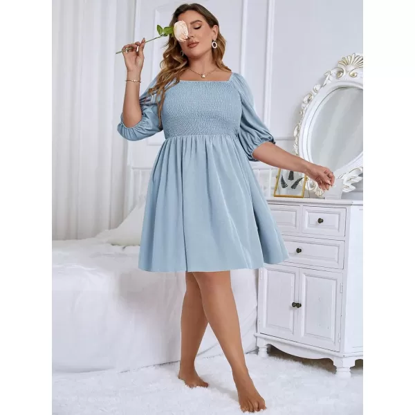WDIRARA Women's Plus Size Puff Sleeve Square Neck Shirred High Waist Ruffle Hem A Line Short Dress