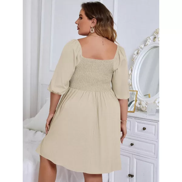 WDIRARA Women's Plus Size Puff Sleeve Square Neck Shirred High Waist Ruffle Hem A Line Short Dress