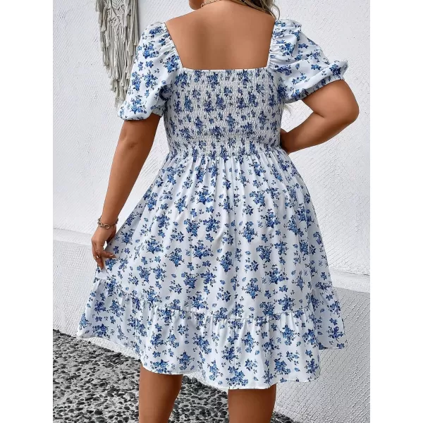 WDIRARA Women's Plus Size Puff Sleeve Square Neck Shirred High Waist Ruffle Hem A Line Short Dress