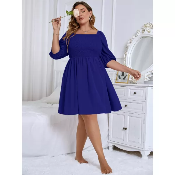 WDIRARA Women's Plus Size Puff Sleeve Square Neck Shirred High Waist Ruffle Hem A Line Short Dress