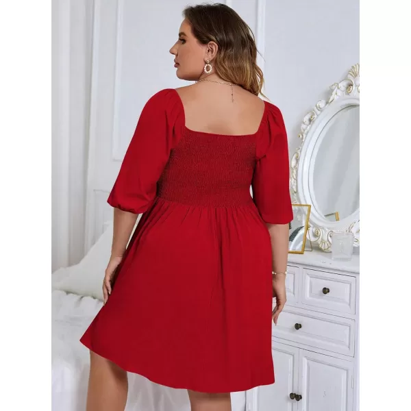 WDIRARA Women's Plus Size Puff Sleeve Square Neck Shirred High Waist Ruffle Hem A Line Short Dress