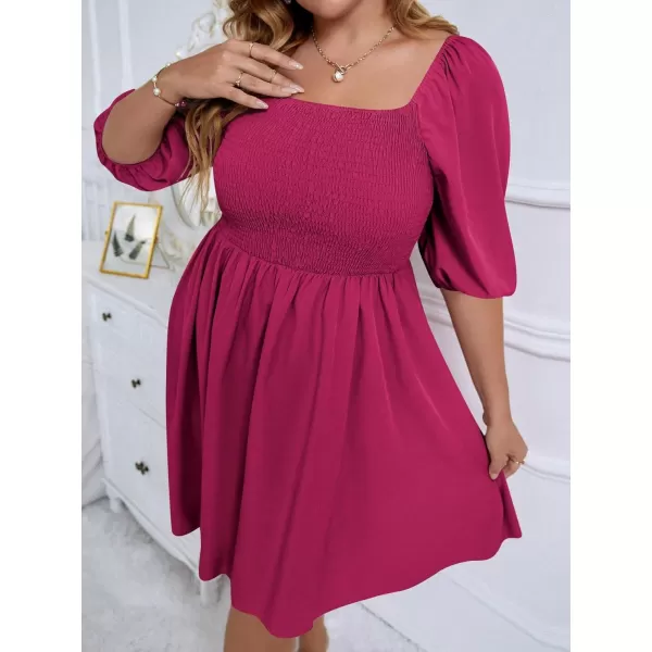 WDIRARA Women's Plus Size Puff Sleeve Square Neck Shirred High Waist Ruffle Hem A Line Short Dress