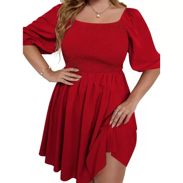 WDIRARA Women's Plus Size Puff Sleeve Square Neck Shirred High Waist Ruffle Hem A Line Short Dress
