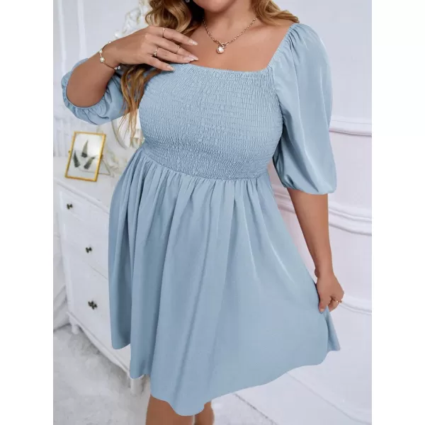 WDIRARA Women's Plus Size Puff Sleeve Square Neck Shirred High Waist Ruffle Hem A Line Short Dress