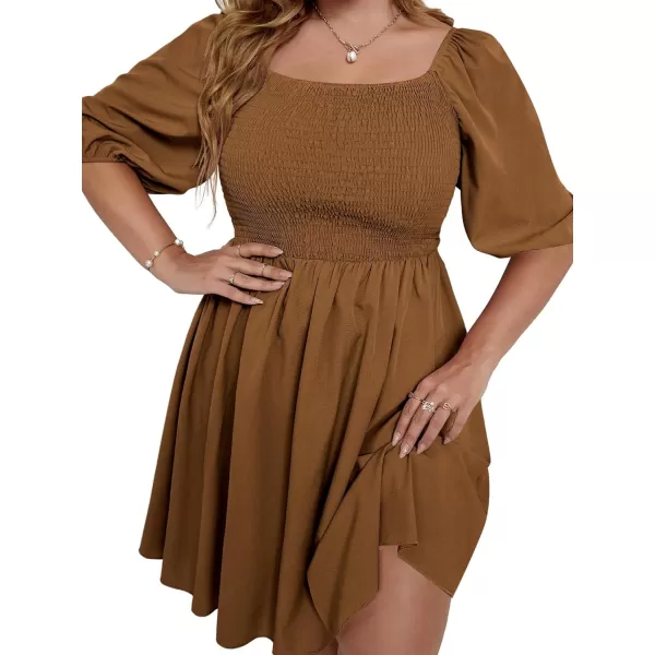 WDIRARA Women's Plus Size Puff Sleeve Square Neck Shirred High Waist Ruffle Hem A Line Short Dress
