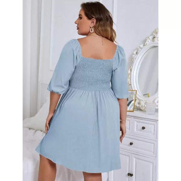 WDIRARA Women's Plus Size Puff Sleeve Square Neck Shirred High Waist Ruffle Hem A Line Short Dress