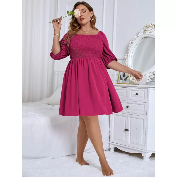 WDIRARA Women's Plus Size Puff Sleeve Square Neck Shirred High Waist Ruffle Hem A Line Short Dress