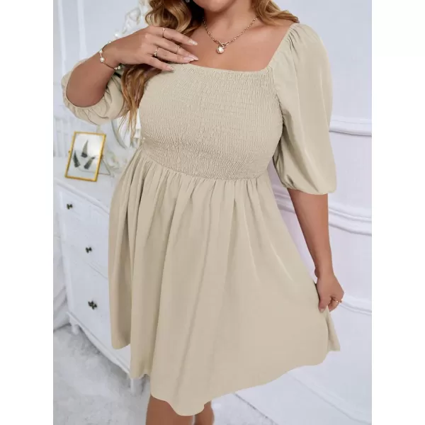 WDIRARA Women's Plus Size Puff Sleeve Square Neck Shirred High Waist Ruffle Hem A Line Short Dress