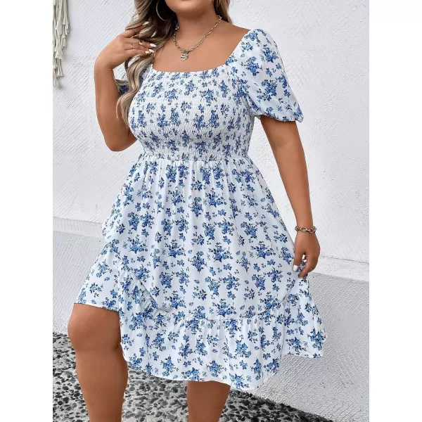 WDIRARA Women's Plus Size Puff Sleeve Square Neck Shirred High Waist Ruffle Hem A Line Short Dress